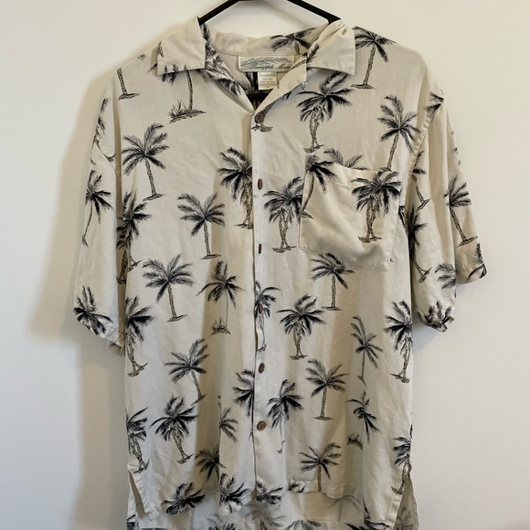 Pineapple Moon Mens Small Palm Tree Shirt Tan Black Silk - Picture 2 of 5
